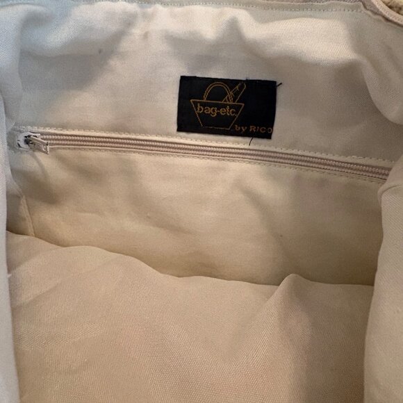 Crochet Beige & White Shoulder Bag Zipper Closures Bag Etc Lined Boho Retro - Picture 4 of 8